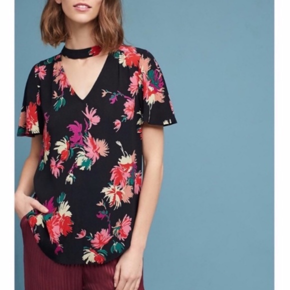 Maeve Short Flutter Sleeve V-Neck Choker Dark Floral Blouse/ Size S - Picture 1 of 7